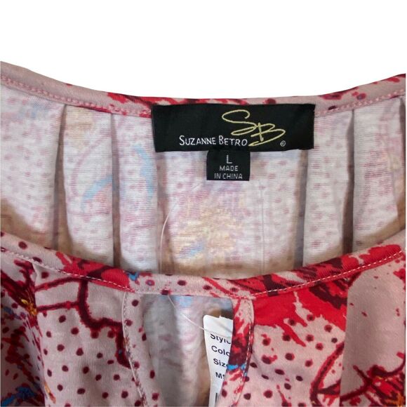 Suzanne Betro Top Women's Tan Pink Floral Bell Sleeve Keyhole Neck Funky SZ L - Picture 4 of 13